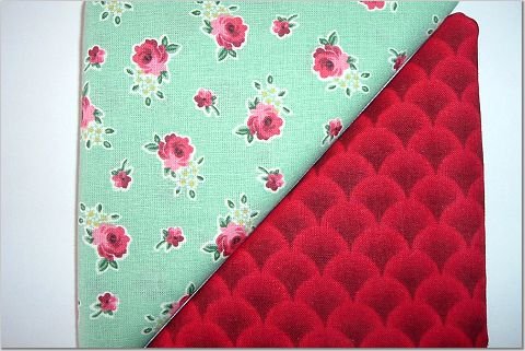 Aqua with Red Roses n' Red Print - TWO Fat Quarters (2779)