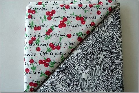 Black Peacock Feathers n' Cherries Print - TWO Fat Quarters (2832)