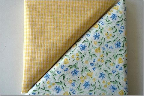 Yellow Gingham n' Yellow-Blue Floral Print - Two FAT Quarters (2833)