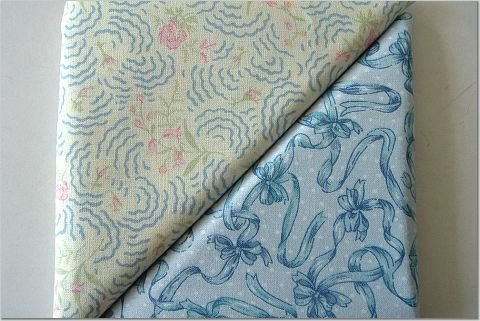 Blue Ribbons & Tiny Rosebud Print - TWO Fat Quarters (2838)