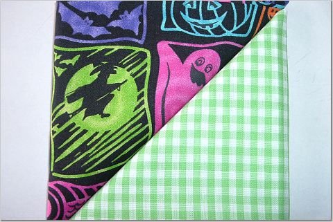 Green Gingham n' Halloween Neon Print - TWO Fat Quarters (2847)