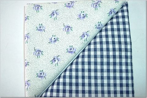 Navy Gingham n' Lavendar Rosebuds Print - Two FAT Quarters (2854)