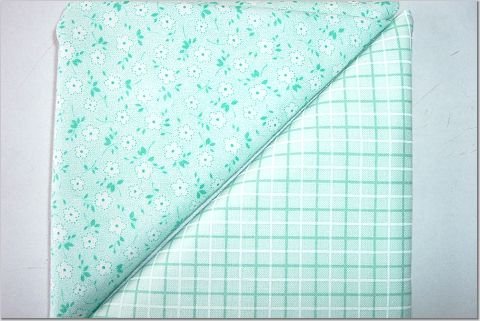 Mint Green Plaid n' Aqua Tiny Floral Print - TWO Fat Quarters (2855)