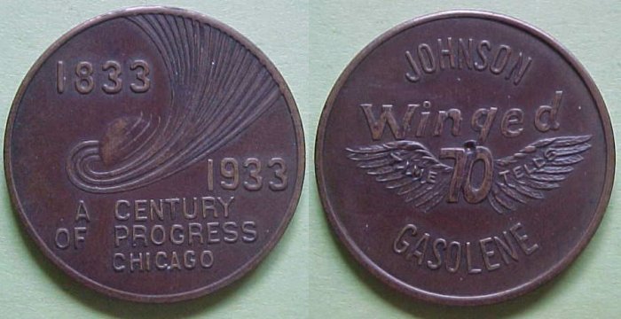 Chicago IL CPIE 1933 Johnson Gasolene Winged 70 advertising token