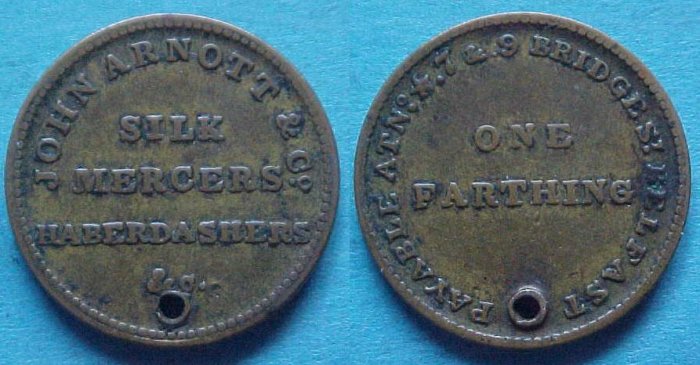 Belfast Ireland John Arnott & Co. farthing token, holed