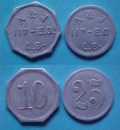 Long Beach CA A & J 10c and 25c merchant tokens K-269 K-270