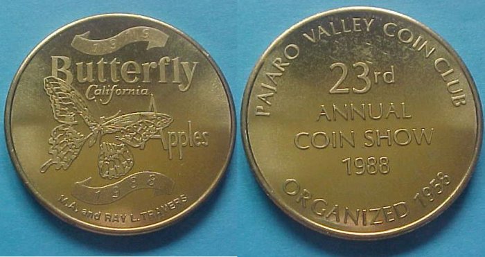 Watsonville CA Pajaro Valley Coin Club PVCC 1988 medal - Butterfly California Apples