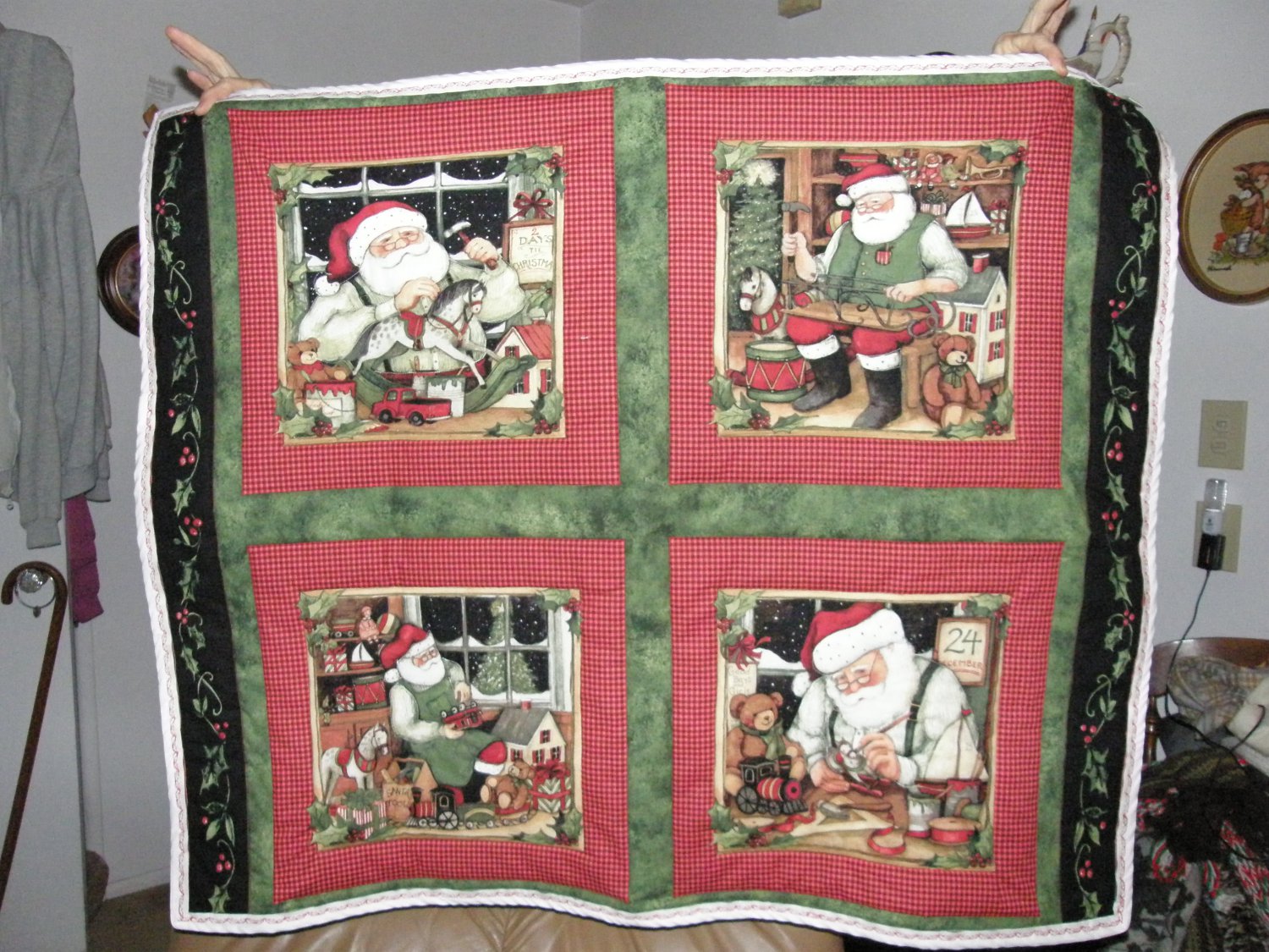$40.50 Santa Quilt - 35 X 42 Inches - Back is Holly on White Cotton