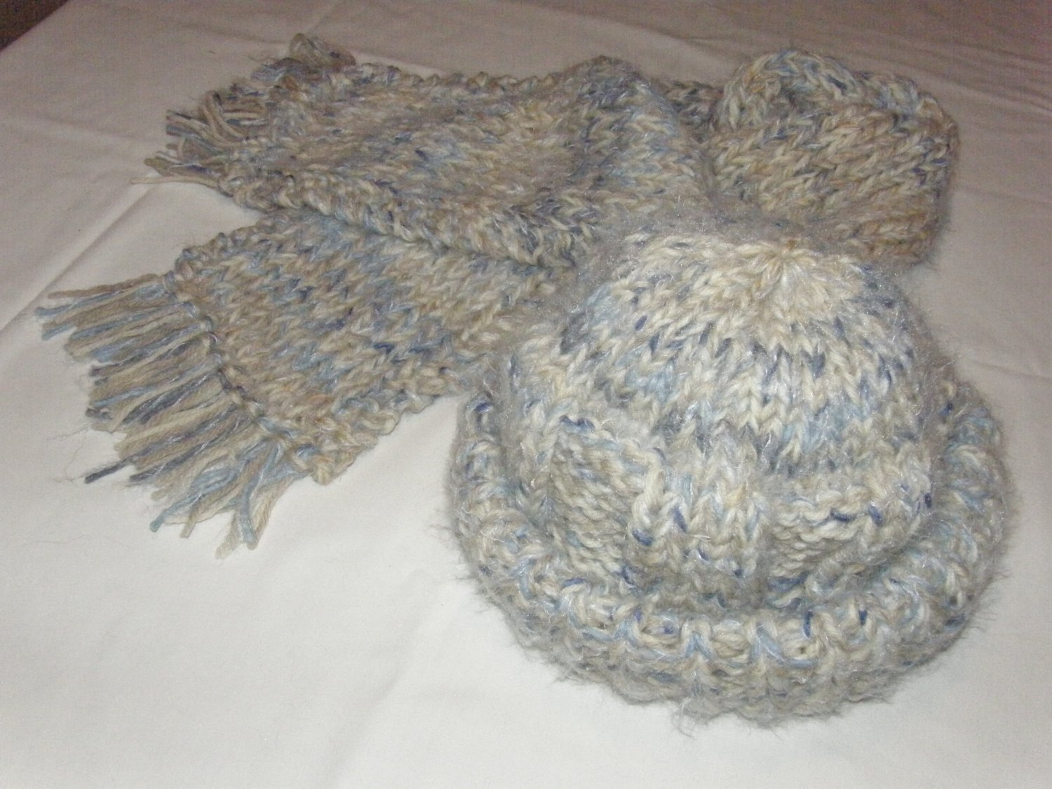 $95.50 Pale Blue and Light Tan Cap and Scarf 100% Wool Yarn (Adult Size)