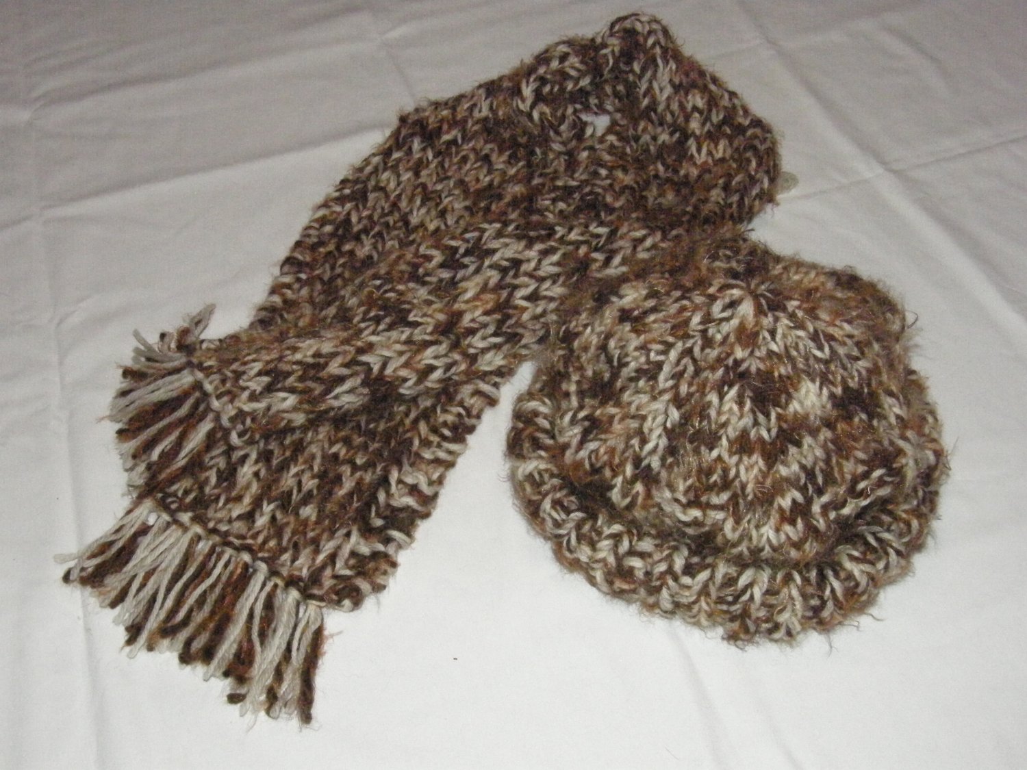 $95.50 Browns and Cream Cap And Scarf 100% Wool Yarn (Adult Size)
