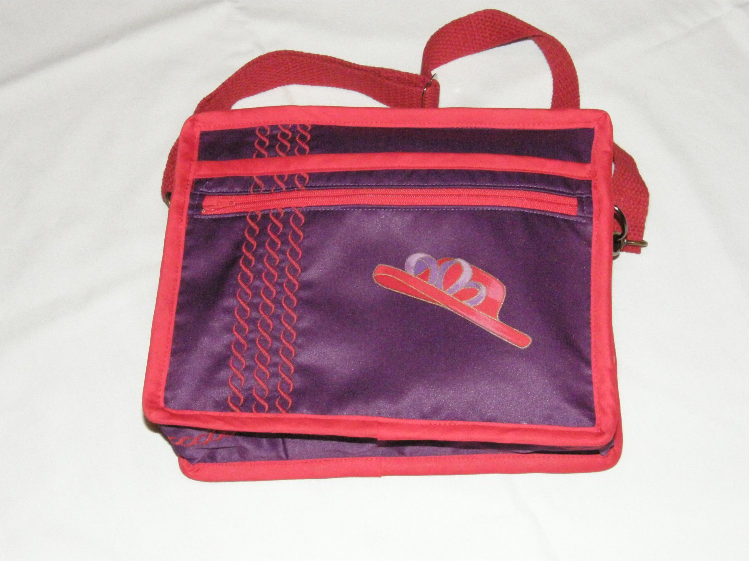 $59.50 Red Hat Ladies 8X10 Shoulder Bag Hat Ribbon Applique Purple Stylized Rope Top Stitching