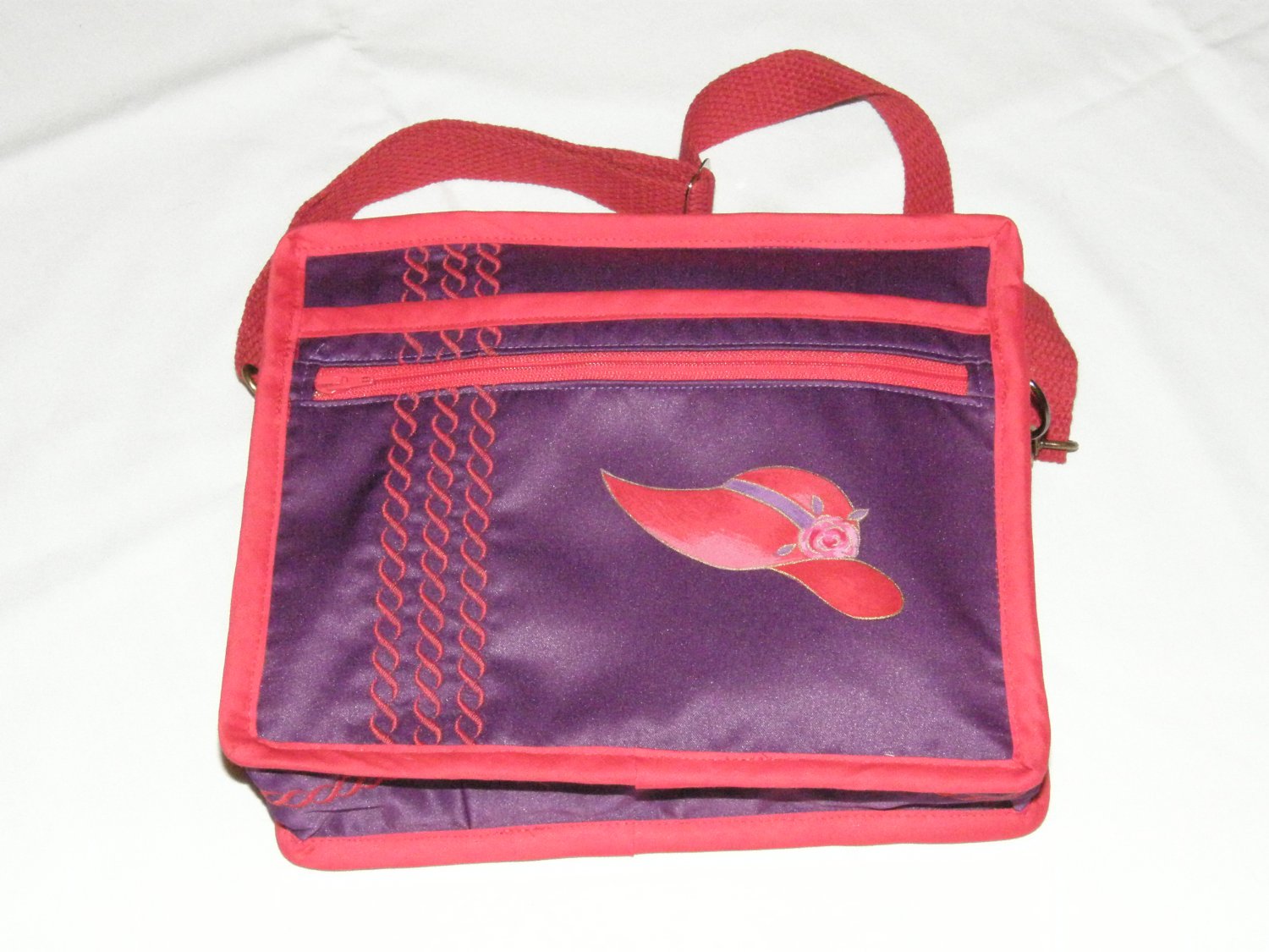 $59.50 Red Hat Ladies Shoulder Bag Red Hat Applique Purple Sateen Red Stylized Rope Top Stitching
