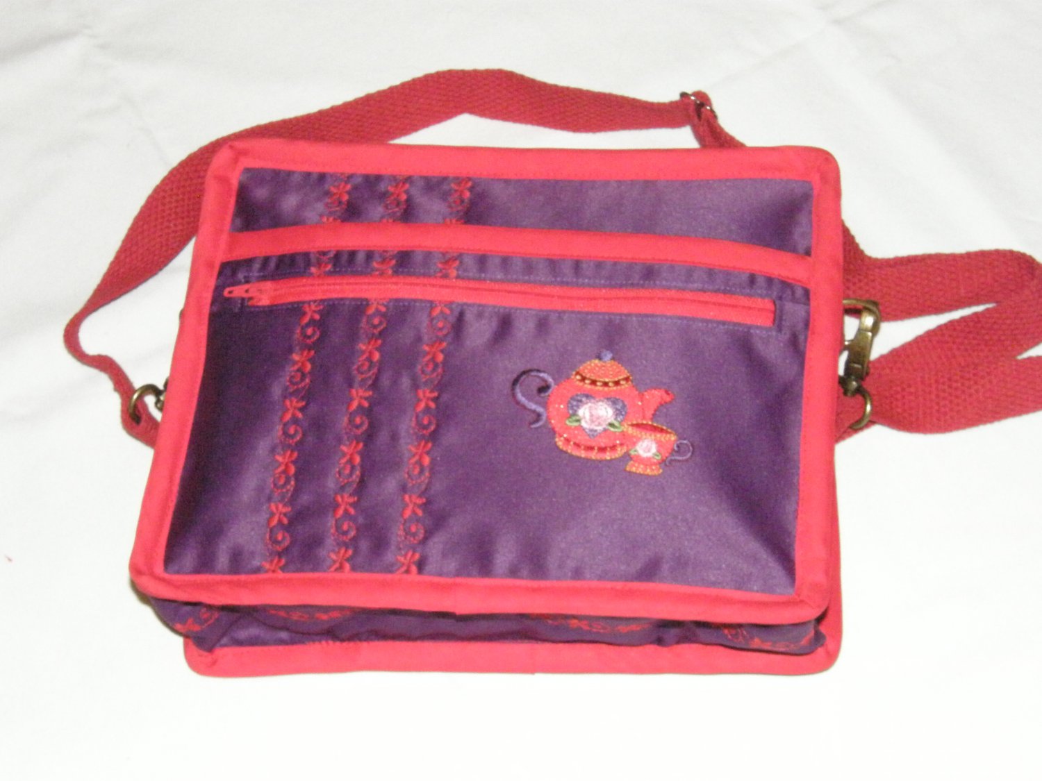 $59.50 Red Hat Ladies 8X10 Shoulder Bag Purple Sateen Red Tea Pot Red Stylized Flower Top Stitching
