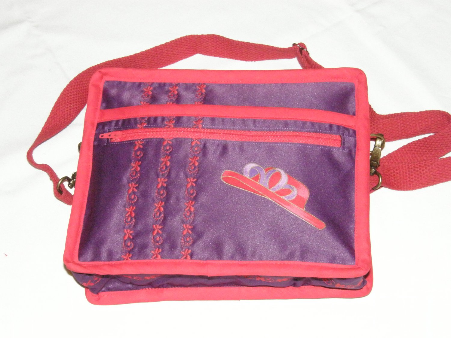 $59.50 Red Hat Ladies 8X10 Shoulder Bag Purple Sateen Red Hat Purple Ribbon RedStylizedTopStitching