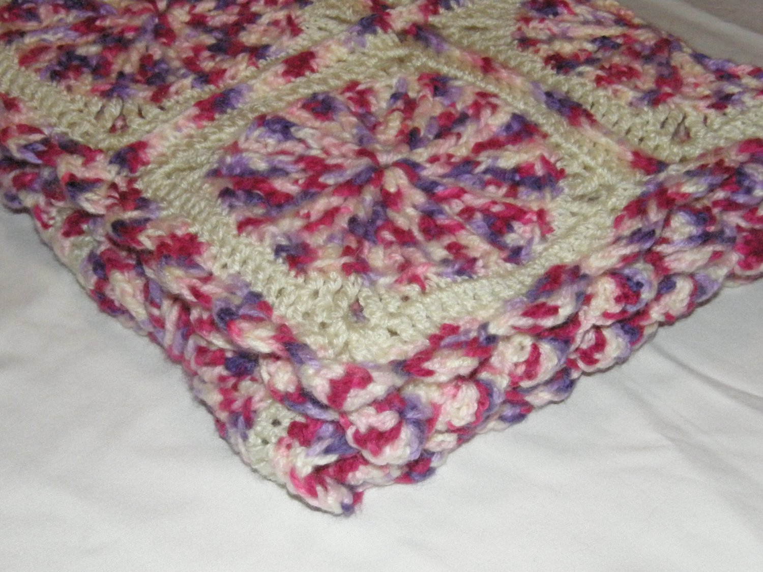 $98.75 Ultra Plush Multi Magenta and Off White Afghan Entirely of Soft Purl Essence Acrylic Yarn