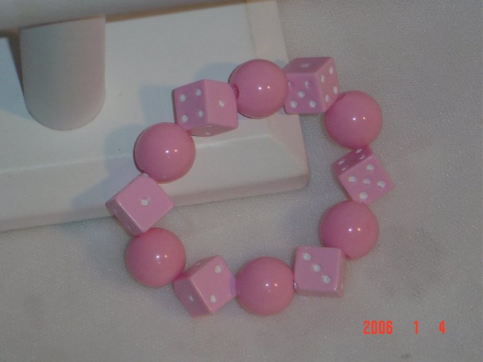 Plastic Beaded Pink Dice Stretch Bracelet