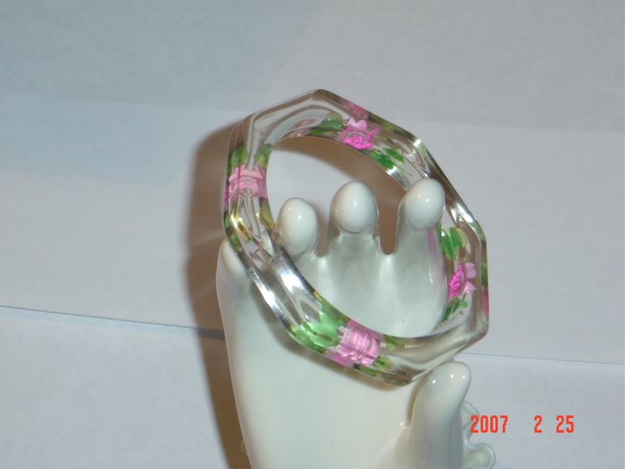 Lucite Bangle Bracelet with Carved Painted Flowers