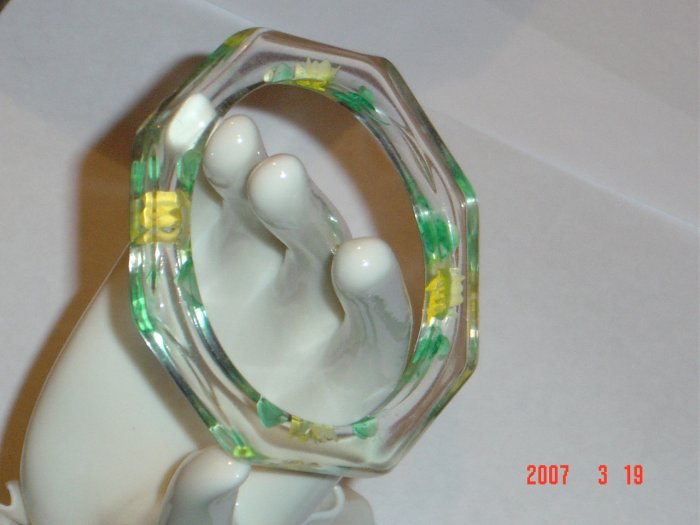Lucite Bangle Bracelet with Carved Painted Flowers