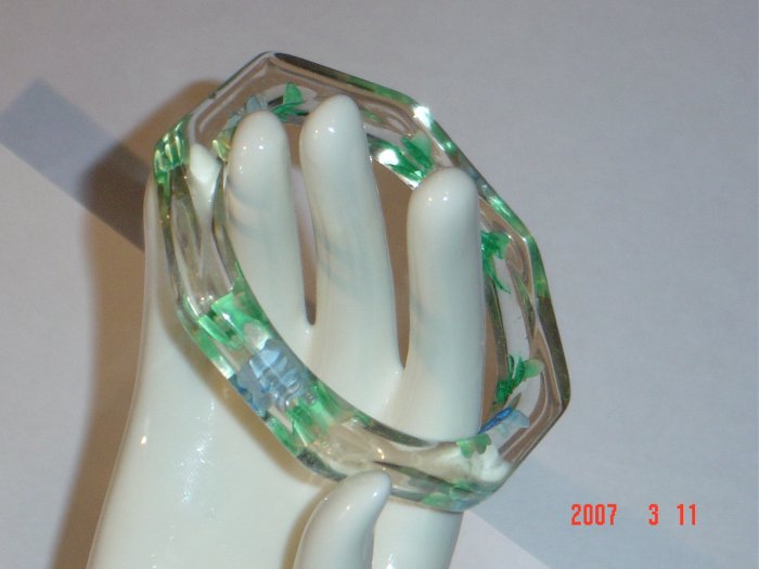 Lucite Bangle Bracelet with Carved Painted Flowers
