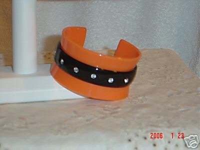 Plastic Cuff Bangle Bracelet with Rhinestones Orange
