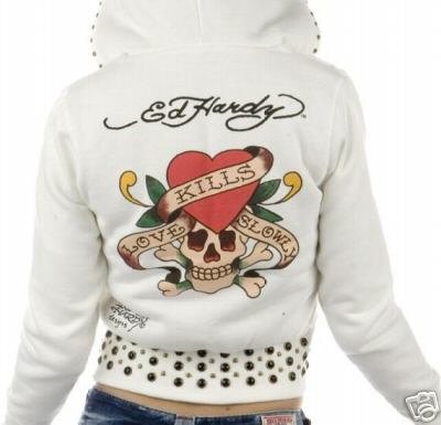 Ed Hardy Women Love Kills Slowly White Faux Fur Hoodie
