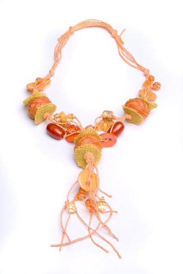 Burlap & Salmon Beaded Necklace