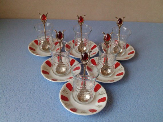 (SET OF 6)Turkish Traditional Tea Serving Set Glasses,Saucers,Spoons