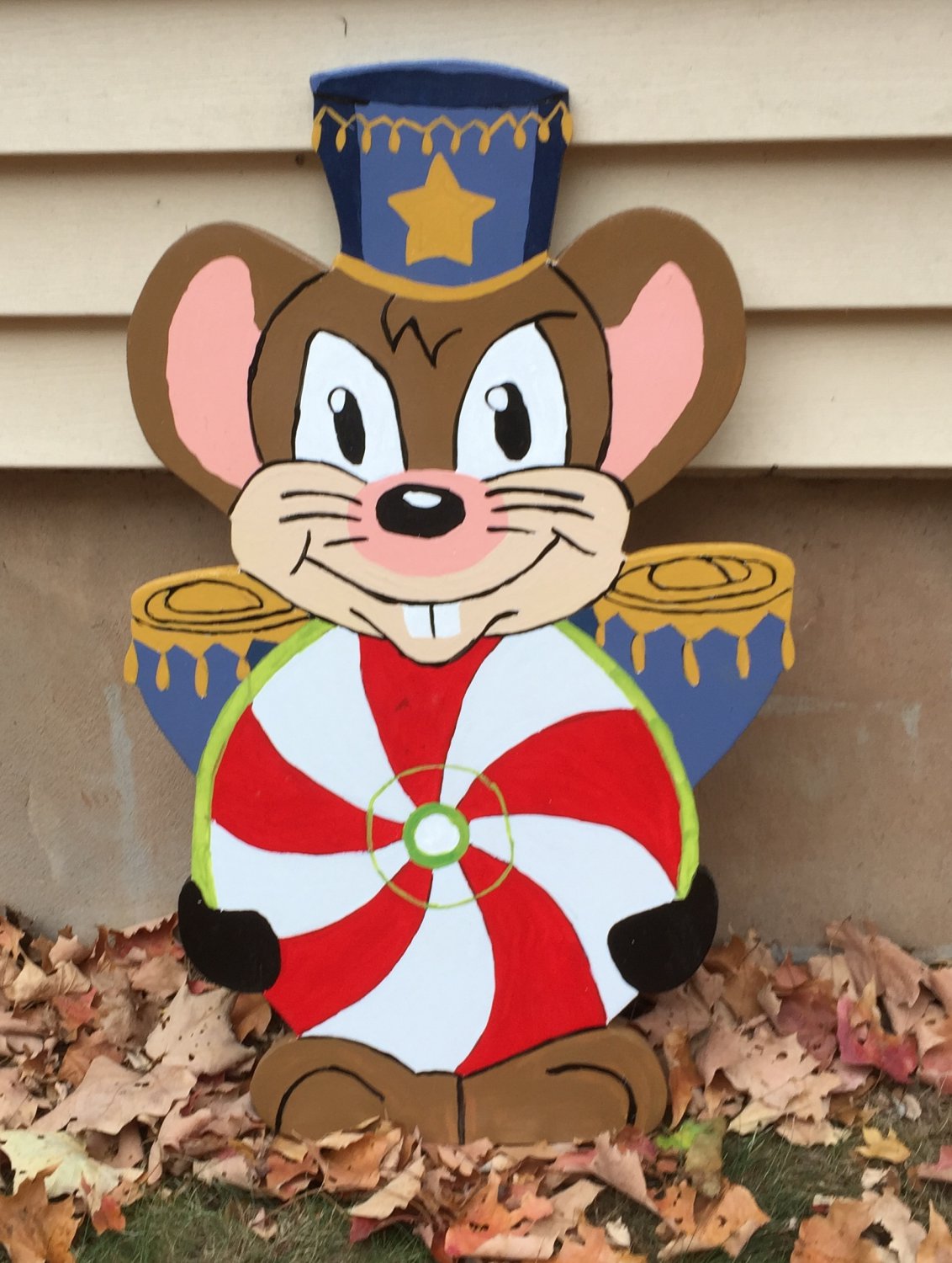 Handmade custom painted wooden Christmas mouse with candy mint for your yard