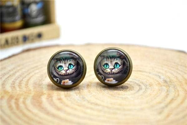 12mm Cat Earrings,Cheshire Cat Jewelry,Alice in wonderland Cat Stud Glass Dome Earring
