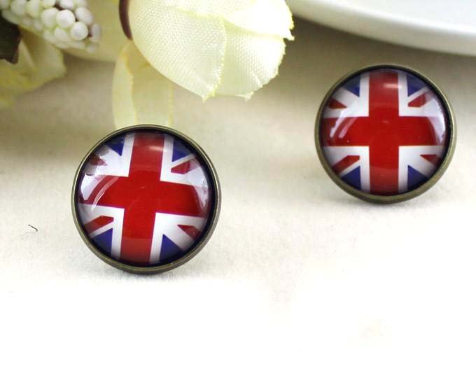 12mm British Flag Earrings UK Flag Studs Earrings Glass Cabochon Earring Studs