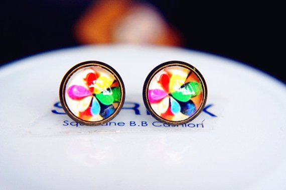 10mm Windmill Earrings Glass Dome Earrings Pinwheel Studs Earrings E10b