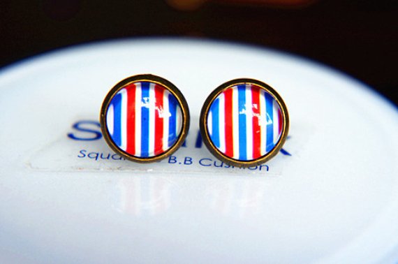 10mm Navy Striped Stud Earrings Glass Dome Earrings Nautical Stripes Earrings Glass Cabochon Earring