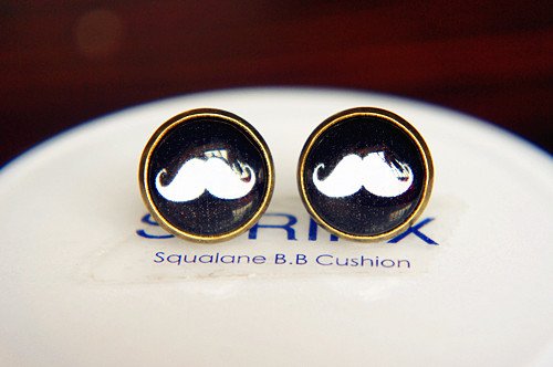 12mm White Moustache Stud Earrings,Glass Dome Earrings Hipster Geek Jewelry Beard Earrings