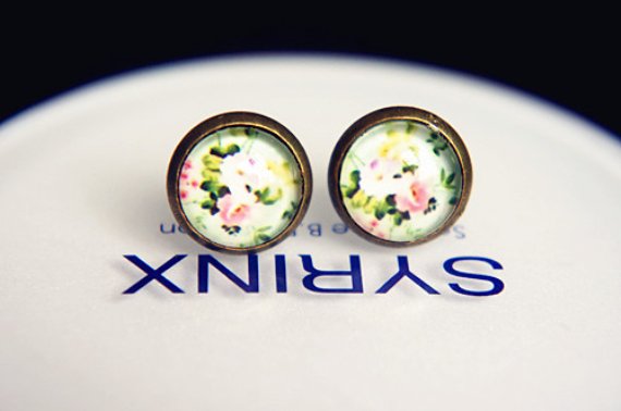 10mm Flowers Earrings Glass Cabochon Vintage Floral Stud Spring Earrings