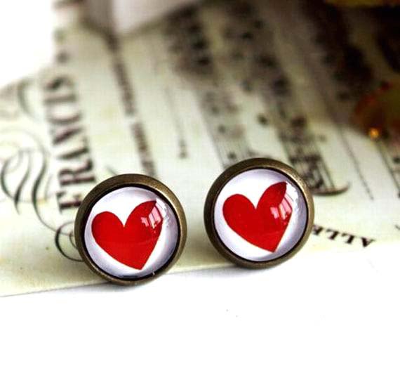 10mm Heart Stud Earrings Red Heart Earrings Glass Dome Stud Earring Valentine's gift