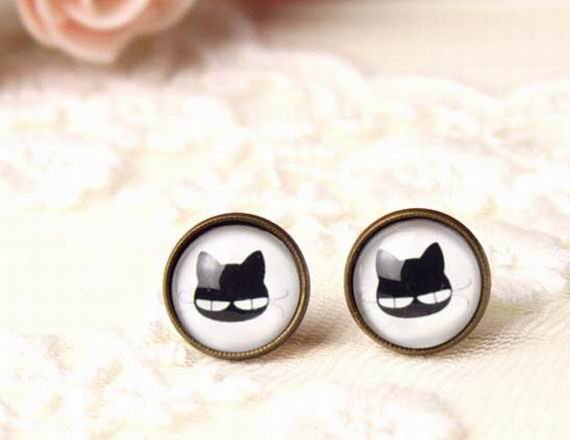 10mm Black Cat Earrings Glass Dome Earring Black Cat Stud Post Earrings