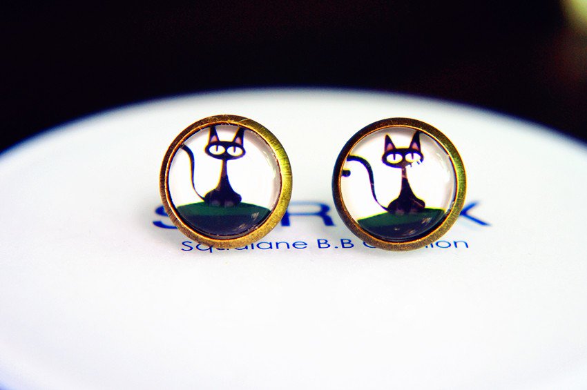 Black Cat Earrings Glass Dome Earring Black Cat Stud Earrings,Black Cat Post Earrings