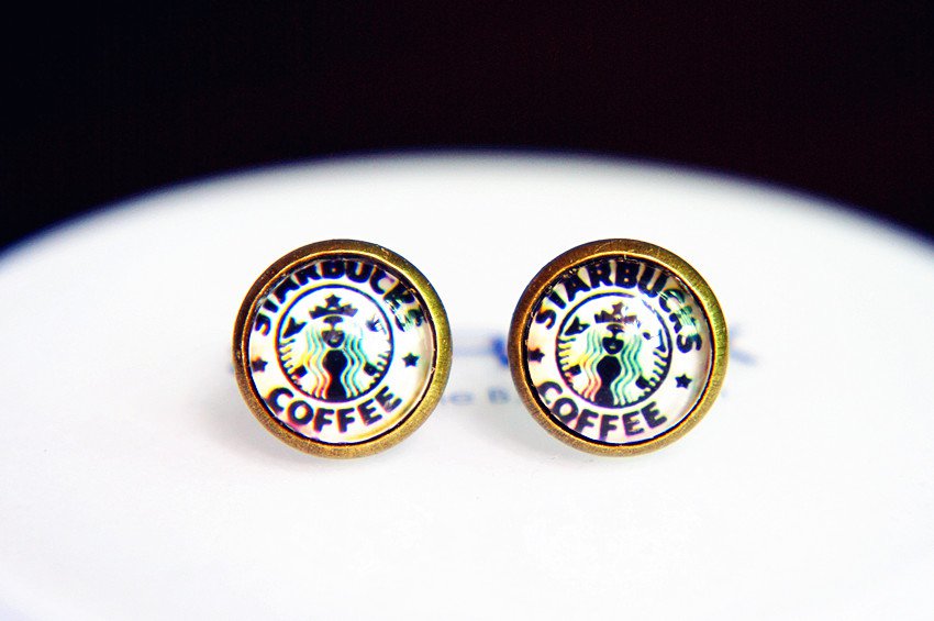 10mm Starbucks Earrings Glass Dome Earrings StarBucks Coffee Studs Earrings Glass Cabochon Earring
