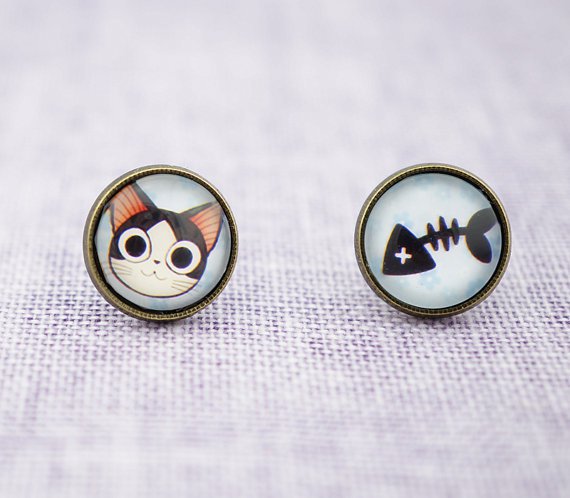 10mm Cat and Fish Earrings,Glass Dome Earring Cat Stud Earrings,Cat Like Fish Post Earrings
