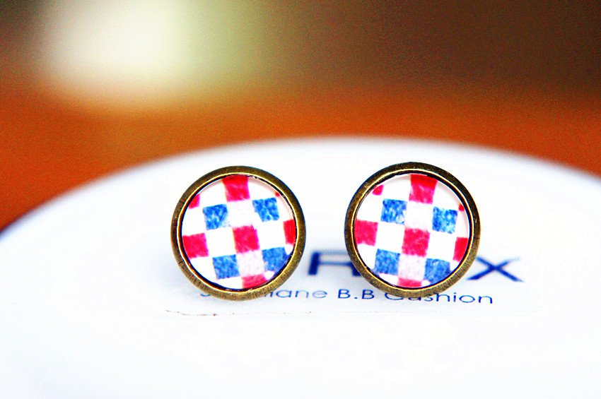10mm Plaid Earrings Red Blue Checkered Earrings Glass Dome Earrings Plaid Stud Earrings