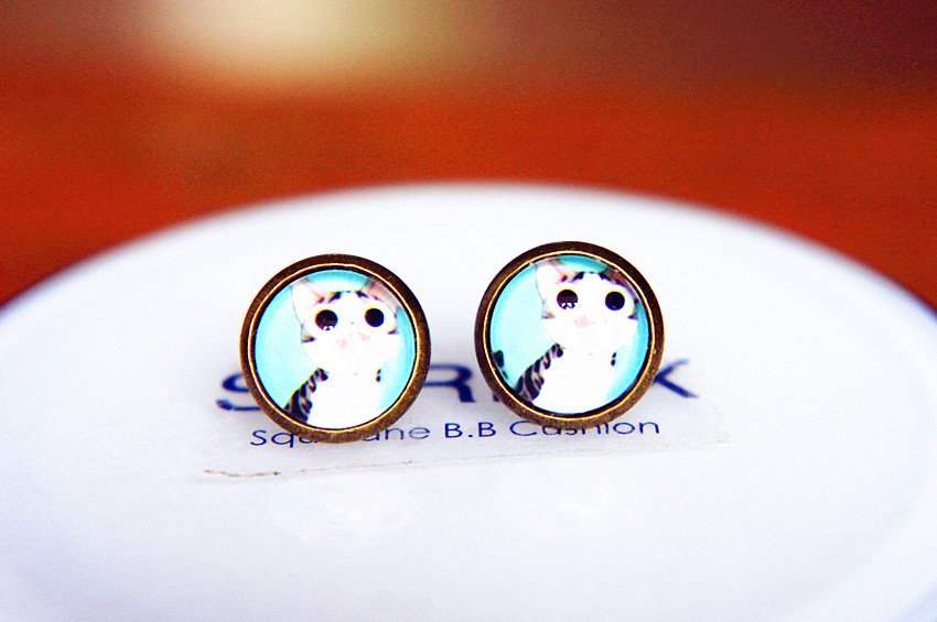 Cat Earrings Glass Dome Earring Cat Stud Earrings,Cat Post Earrings