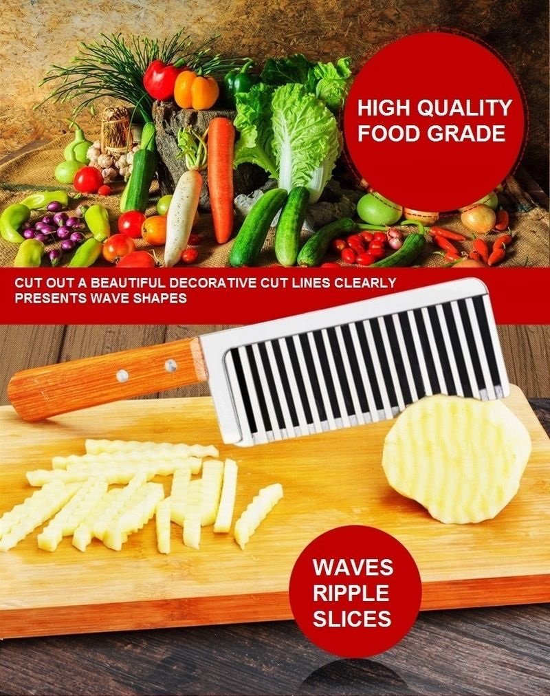 Stainless Steel Ripple Wave Knife French Fries Knife Potato Cutter with Wooded Handle