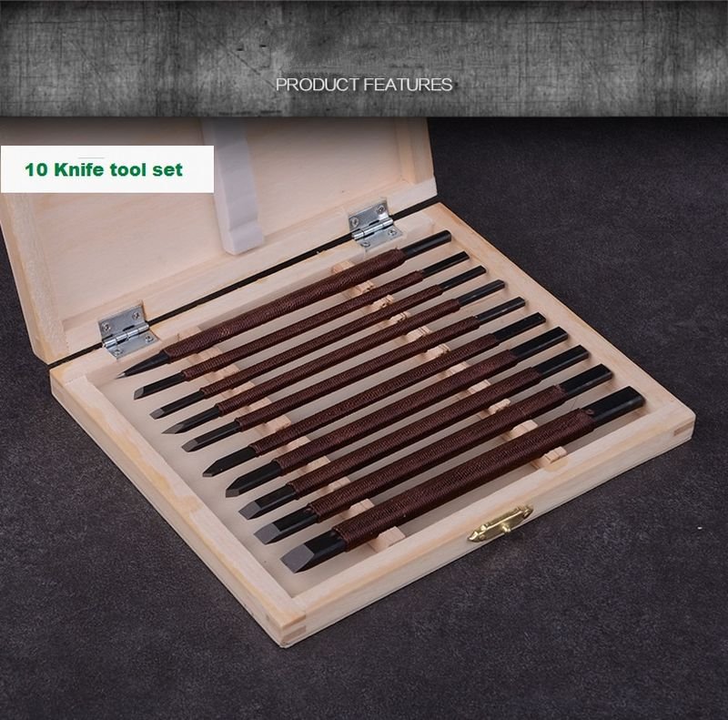 10-piece Handmade Chisel Stone Carving Manganese Steel Knife Set Artist Woodworkers Tools