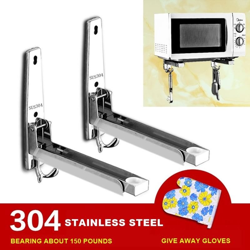 304 Stainless Steel Foldable Microwave Oven Storage Shelf Rack Tray Wall Bracket With Hook