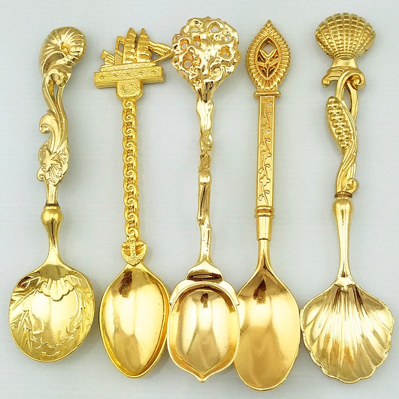 COLOR GOLD 5 Pcs/Set Alloy Vintage Small Creative Retro Style Coffee Tea Spoon