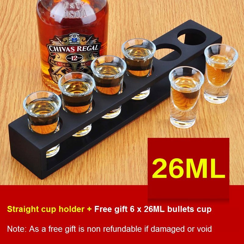 Straight Wooden Tray Bar Club Small Bullets Cup Holder 6 Holes + Gift 26ml Glass