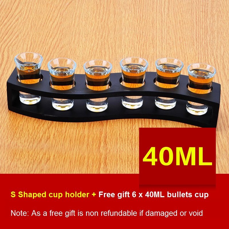 S-Shaped Wooden Tray Bar Club Small Bullets Cup Holder 6 Holes + Gift 40ml Glass