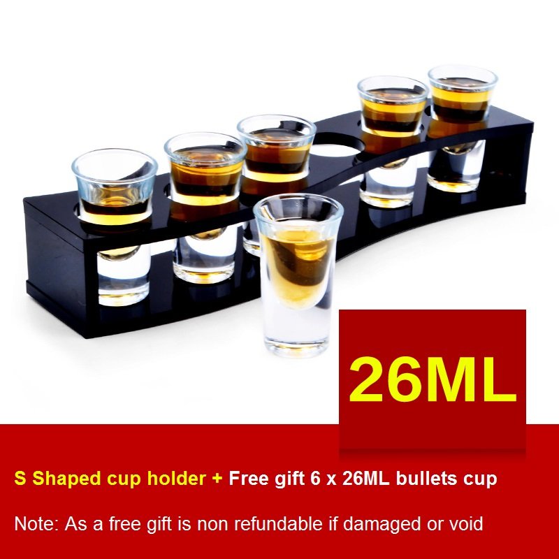 S-Shaped Wooden Tray Bar Club Small Bullets Cup Holder 6 Holes + Gift 26ml Glass