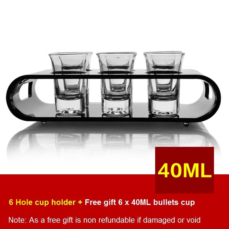 Black U-Shaped Tray Bar Club Small Bullets Cup Holder 6 Holes + Gift 40ml Glass
