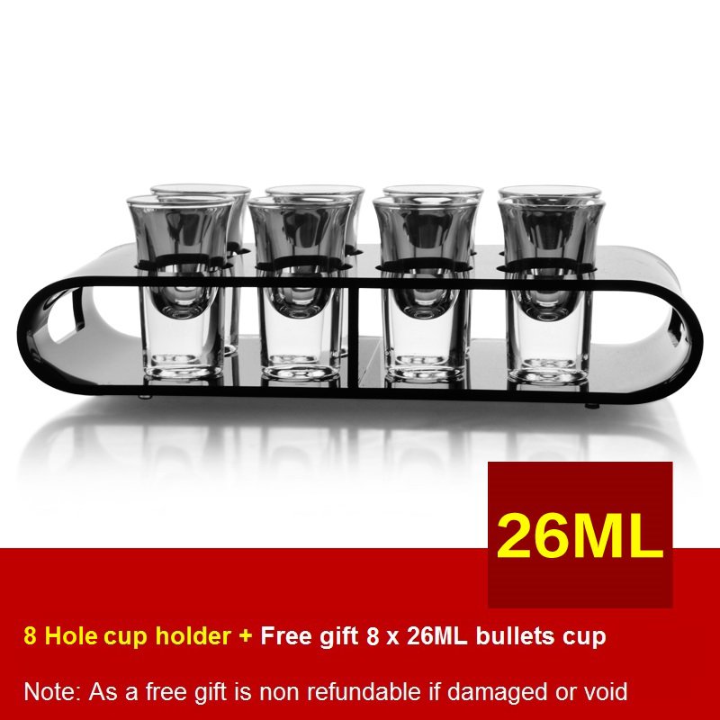 Black U-Shaped Tray Bar Club Small Bullets Cup Holder 8 Holes + Gift 26ml Glass